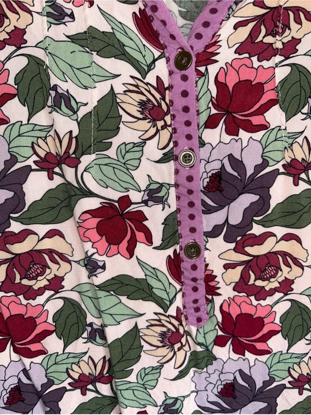 Matilda Jane Floral Rayon Tunic Blouse Purple Polka Dot Trim Large - Picture 6 of 6